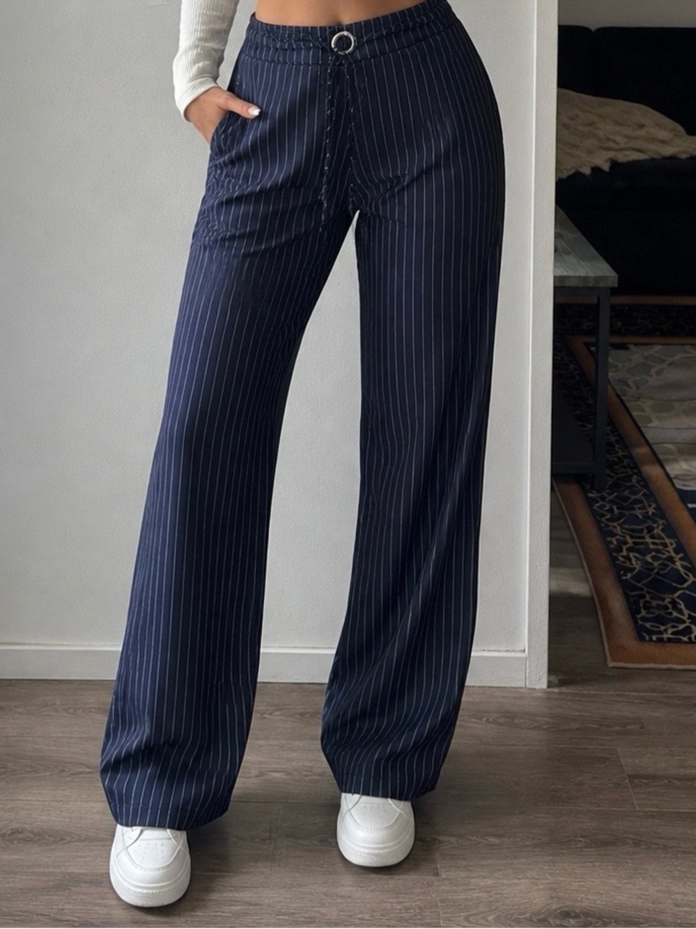 Navy Pinstripe Wide Leg Pants